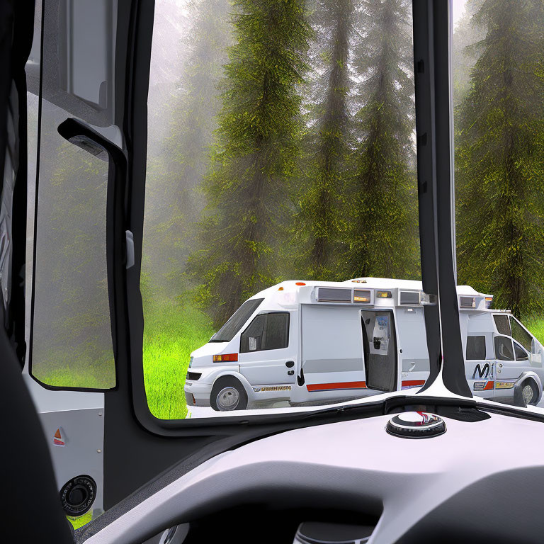 Ambulances parked in misty forest scene