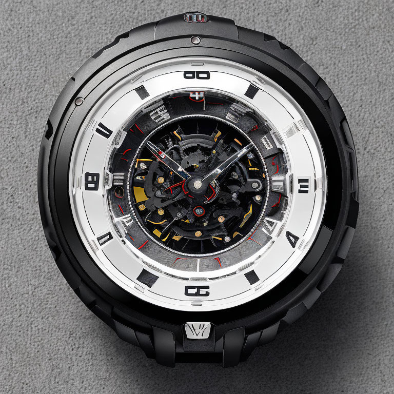 Luxurious Black and Silver Skeleton Dial Watch with Red Accents