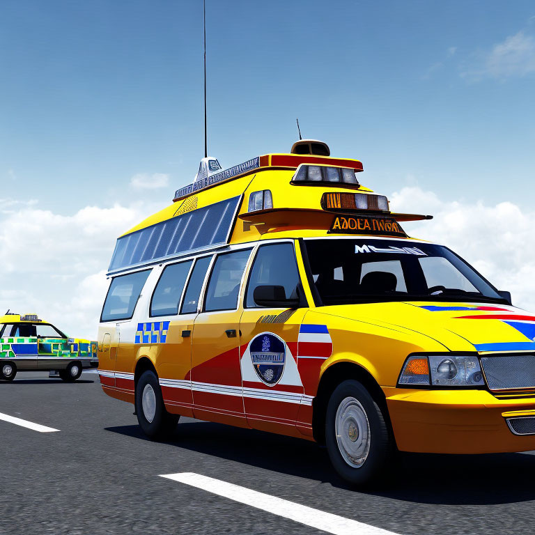 Vibrant 3D rendering of yellow and red ambulance minivan on road