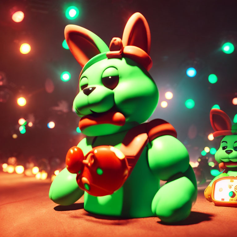 Green Inflatable Bunny with Yo-Yo and Red Cap in Colorful Bokeh Lights