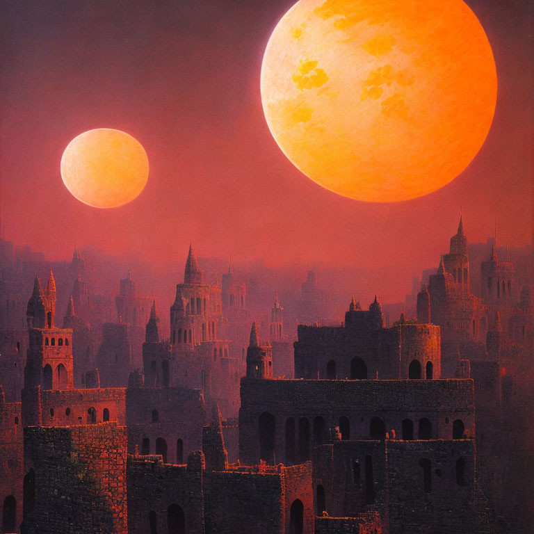 Fantasy cityscape at dusk with two moons over ancient misty buildings