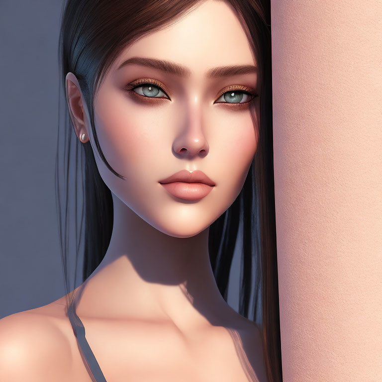 3D-rendered female character with green eyes, fair skin, dark hair, and delicate facial features