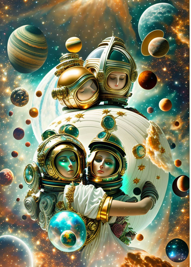 Digital Artwork: Three Astronaut Figures in Cosmic Setting