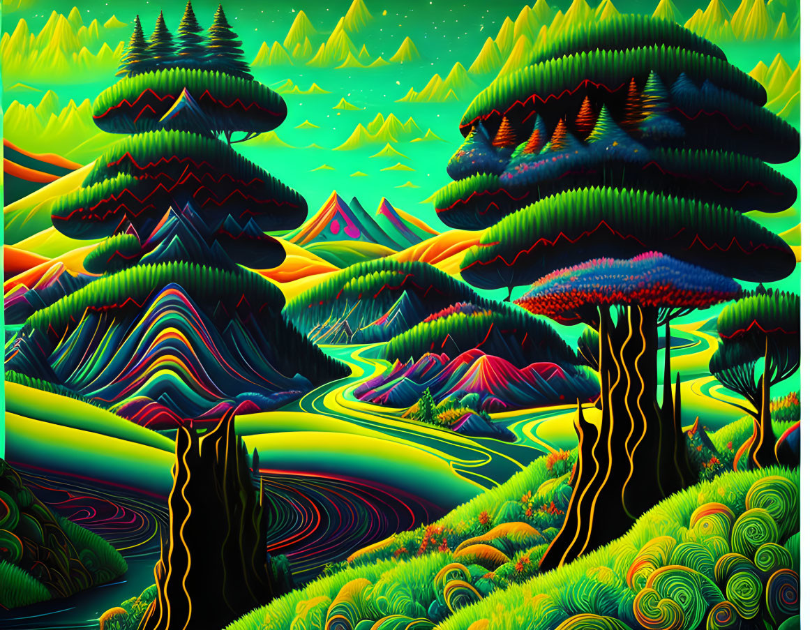 Colorful Psychedelic Landscape with Neon Trees and Mountains