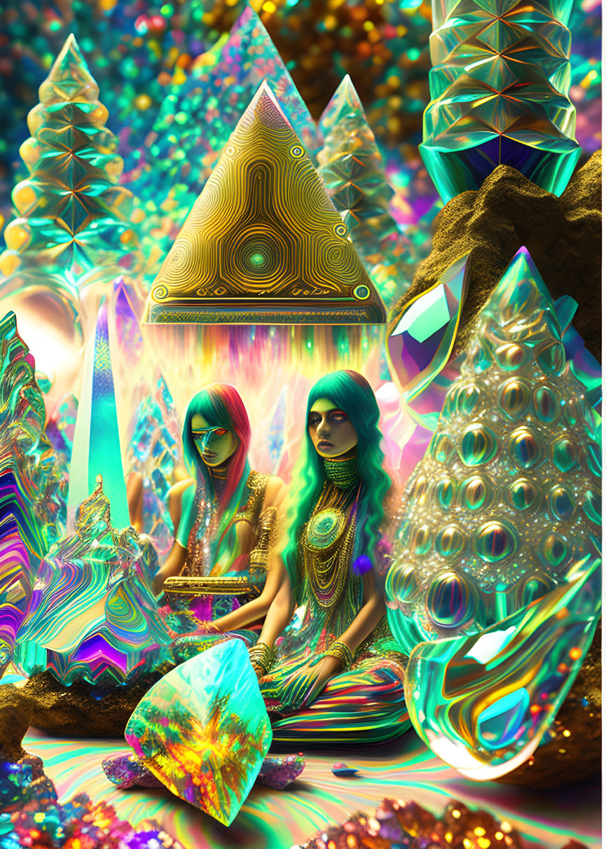 Colorful digital artwork: Two figures with iridescent skin in psychedelic setting