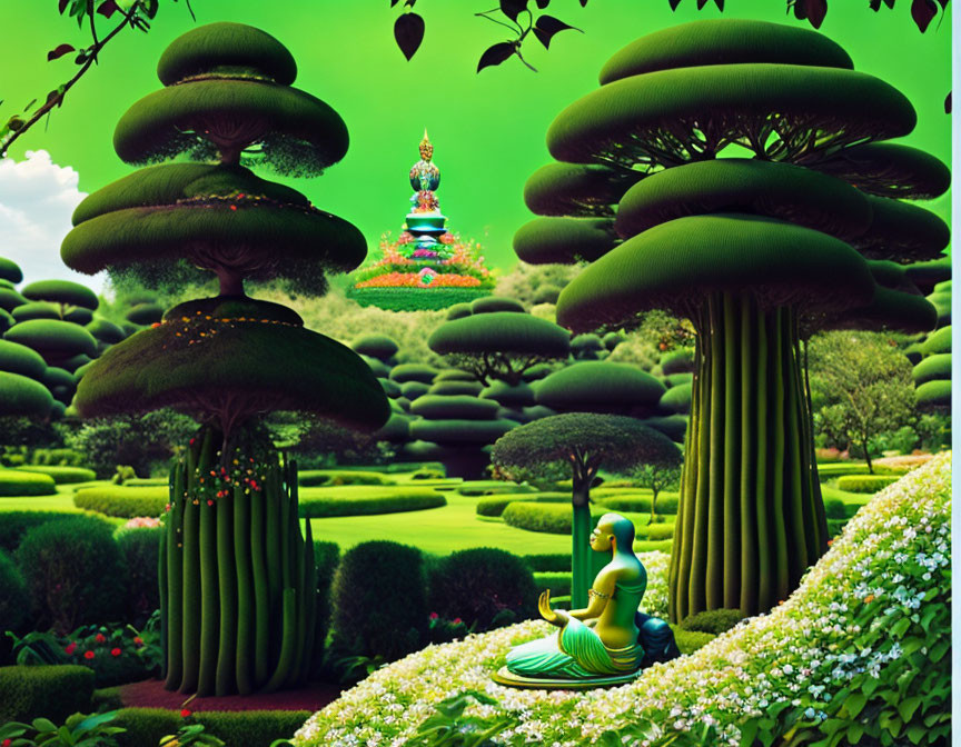 Surreal landscape with oversized topiary trees and Buddha statue.