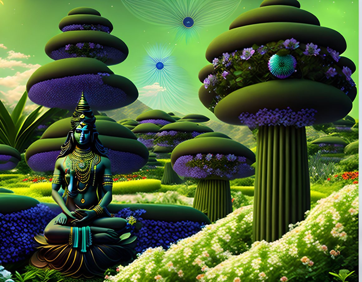 Digitally-created serene landscape with vibrant greenery and meditating blue figure among fantasy trees.