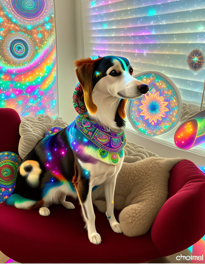 Colorful Psychedelic Dog with Fractal Patterns and Orbs on Red Chair