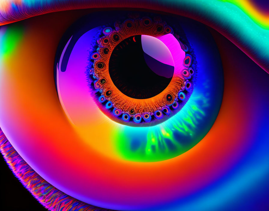 Colorful Digital Artwork: Neon Eye with Fractal Patterns