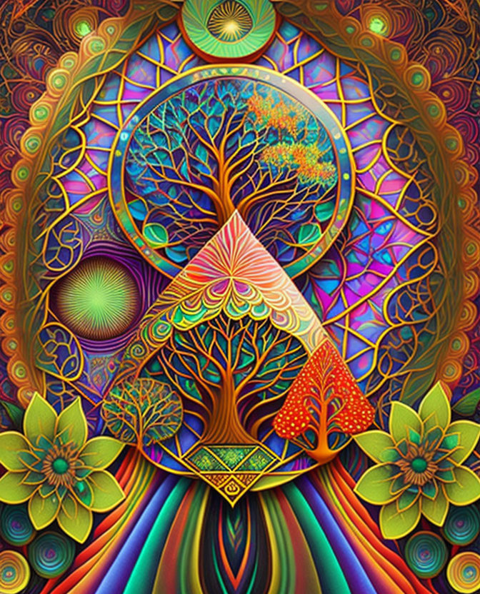 Colorful Psychedelic Tree Artwork with Geometric Patterns and Floral Motifs