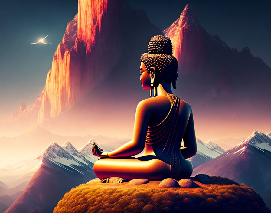 Serene Buddha meditating with purple mountains and crescent moon