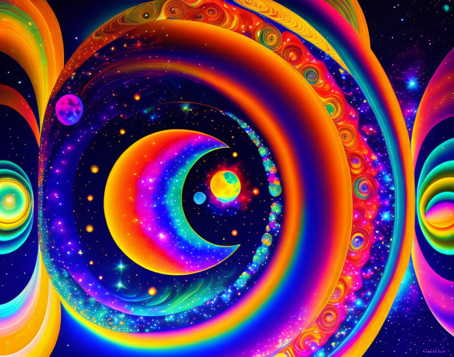 Colorful digital artwork: swirling patterns, crescent moon, stars, planets on dark space background