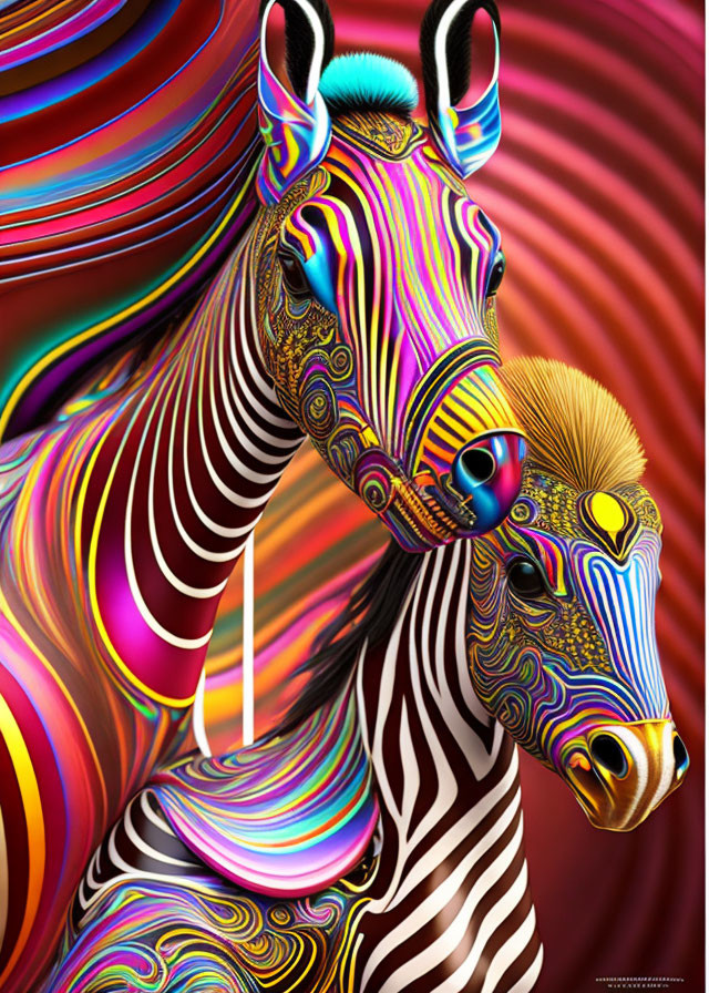 Colorful zebra art against red swirl background