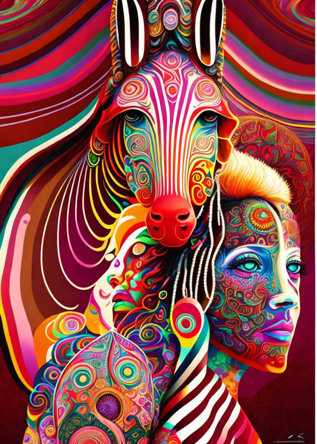 Colorful Psychedelic Art: Zebra, Human Profiles, Swirling Designs