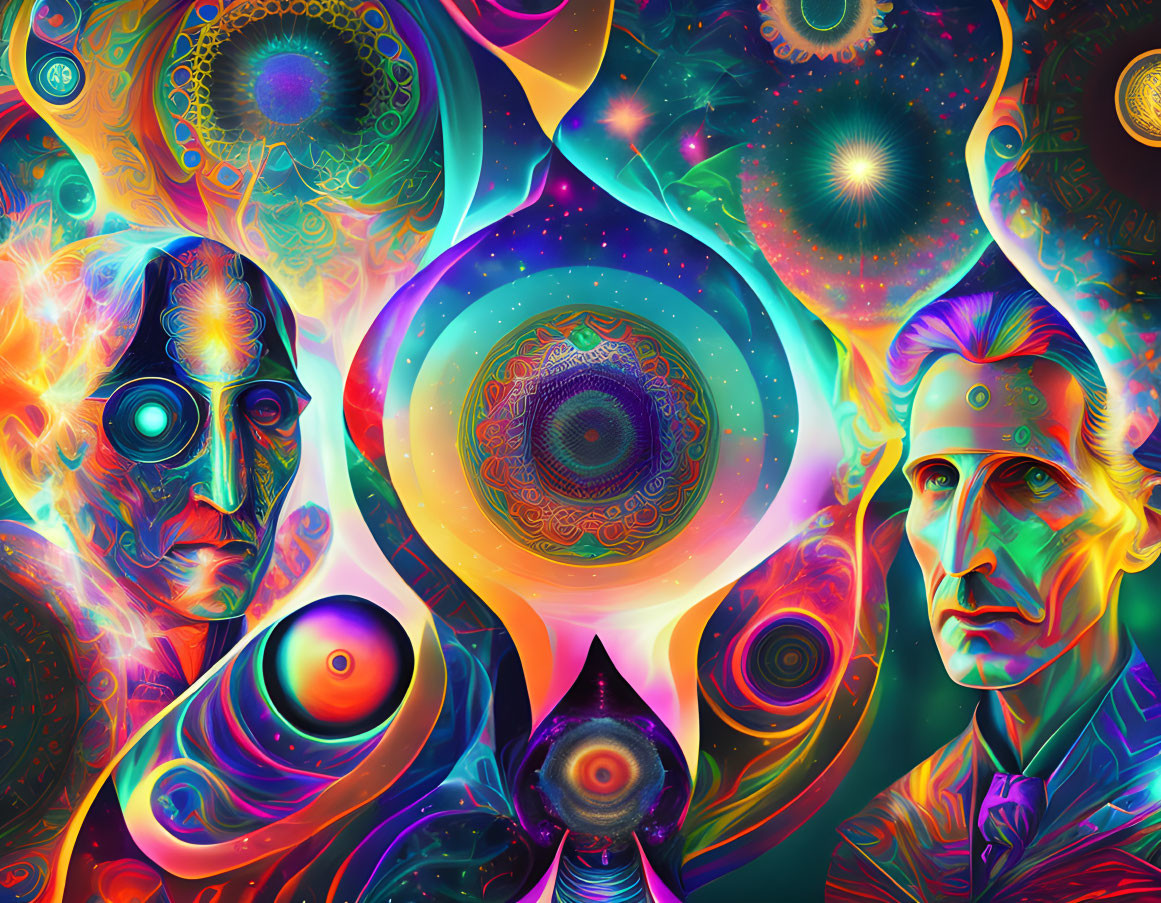 Colorful psychedelic artwork with two human faces and celestial motifs.