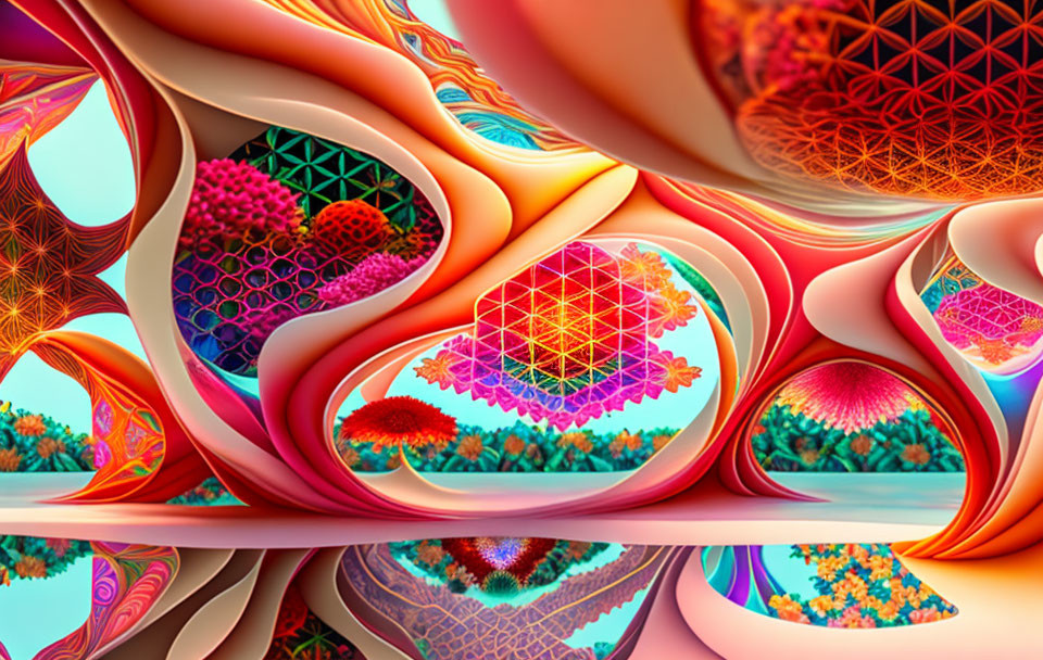 Vibrant fractal art with intricate patterns and geometric shapes