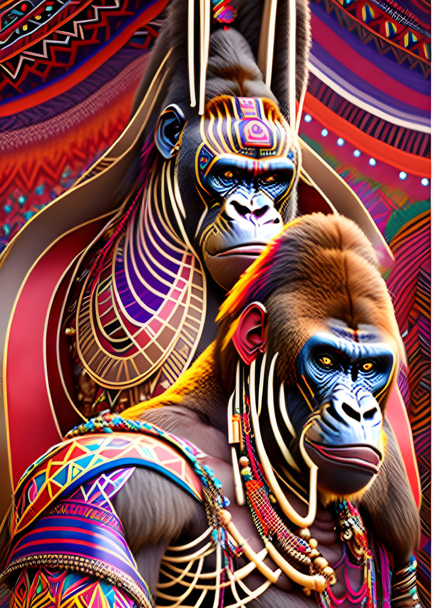 Colorful Digital Artwork Featuring Two Gorillas with Tribal Patterns