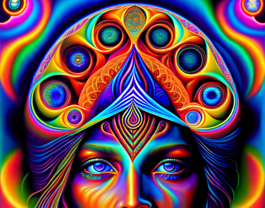 Colorful Abstract Artwork with Symmetrical Patterns and Human Eyes