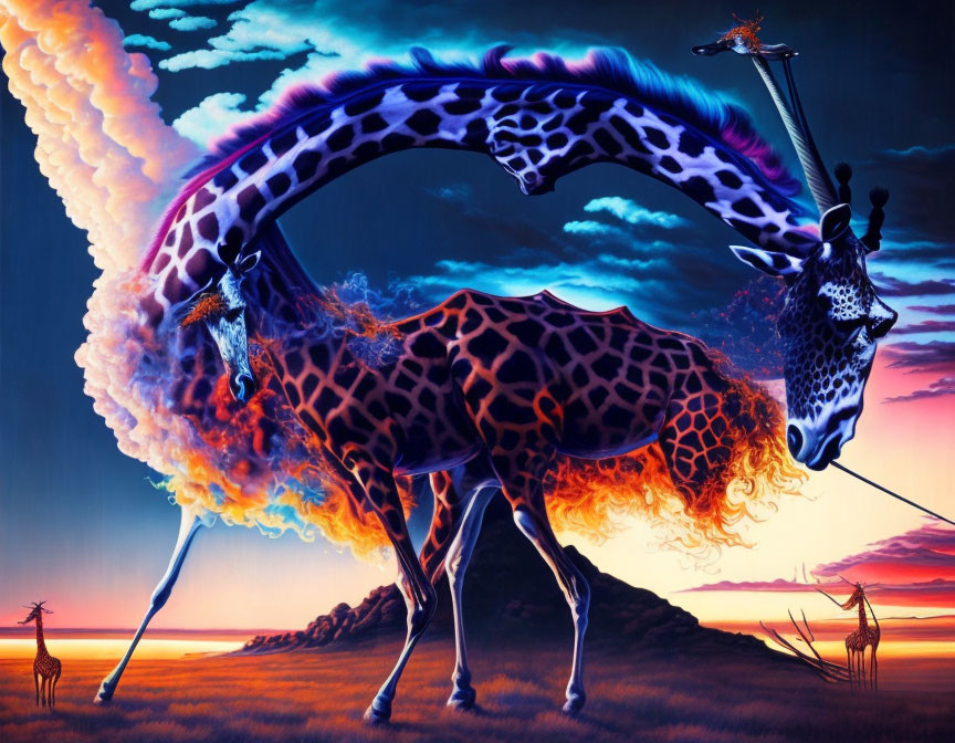 Surreal artwork: Giraffe with flaming mane under twilight sky