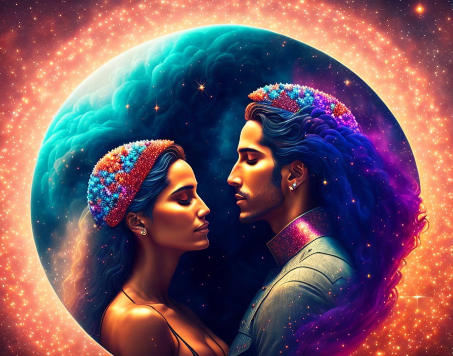 Man and woman with galaxy hair in mystical digital art