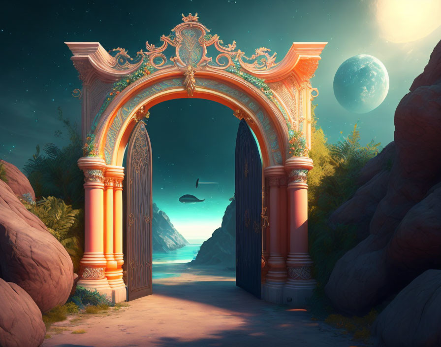 Ornate illuminated archway leading to fantasy moonlit landscape