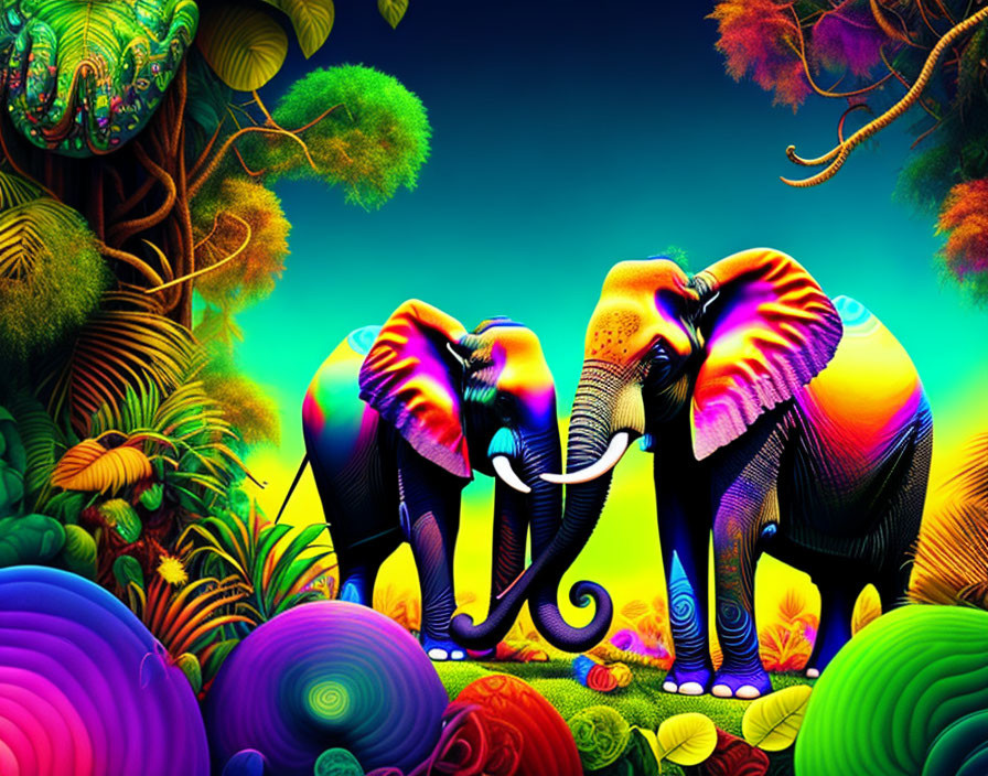 Colorful Psychedelic Elephants Artwork in Neon Landscape