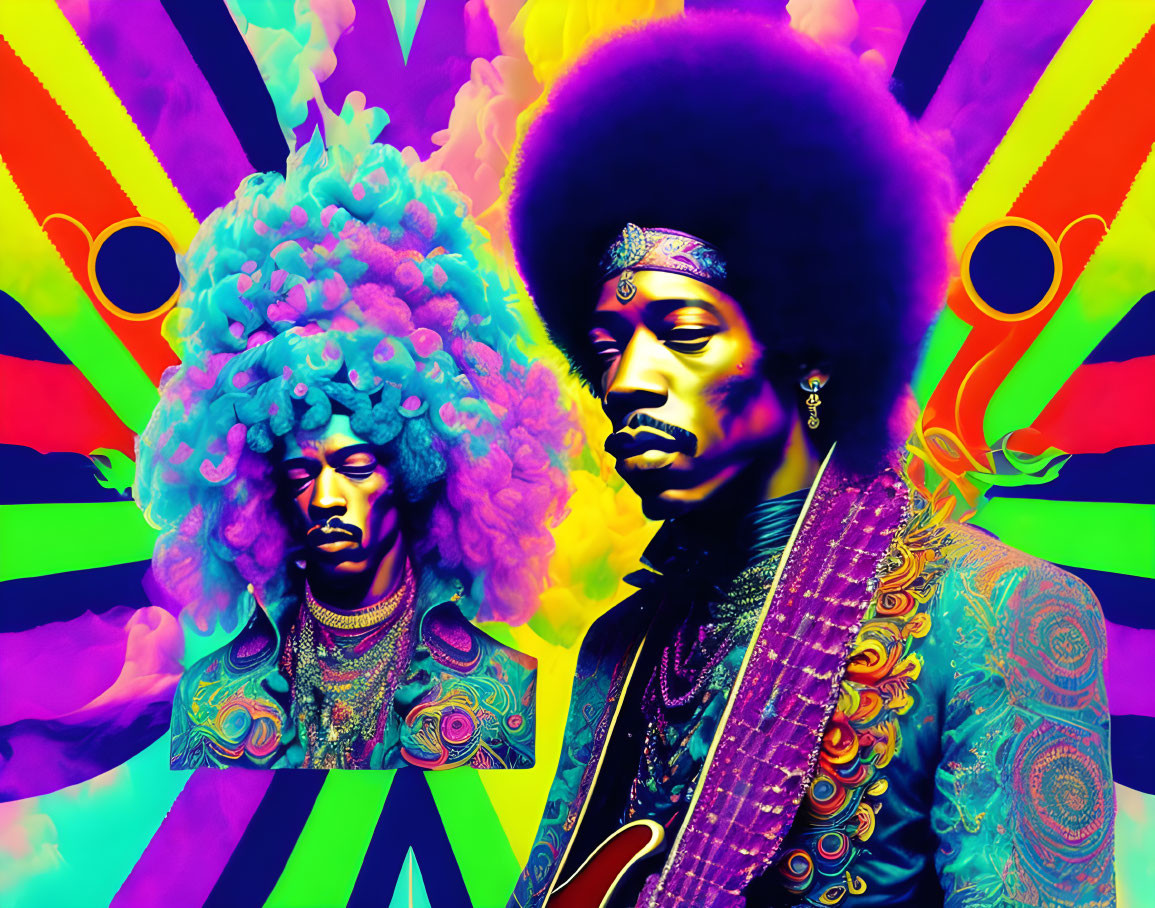 Colorful musician with afro and headband on psychedelic background.