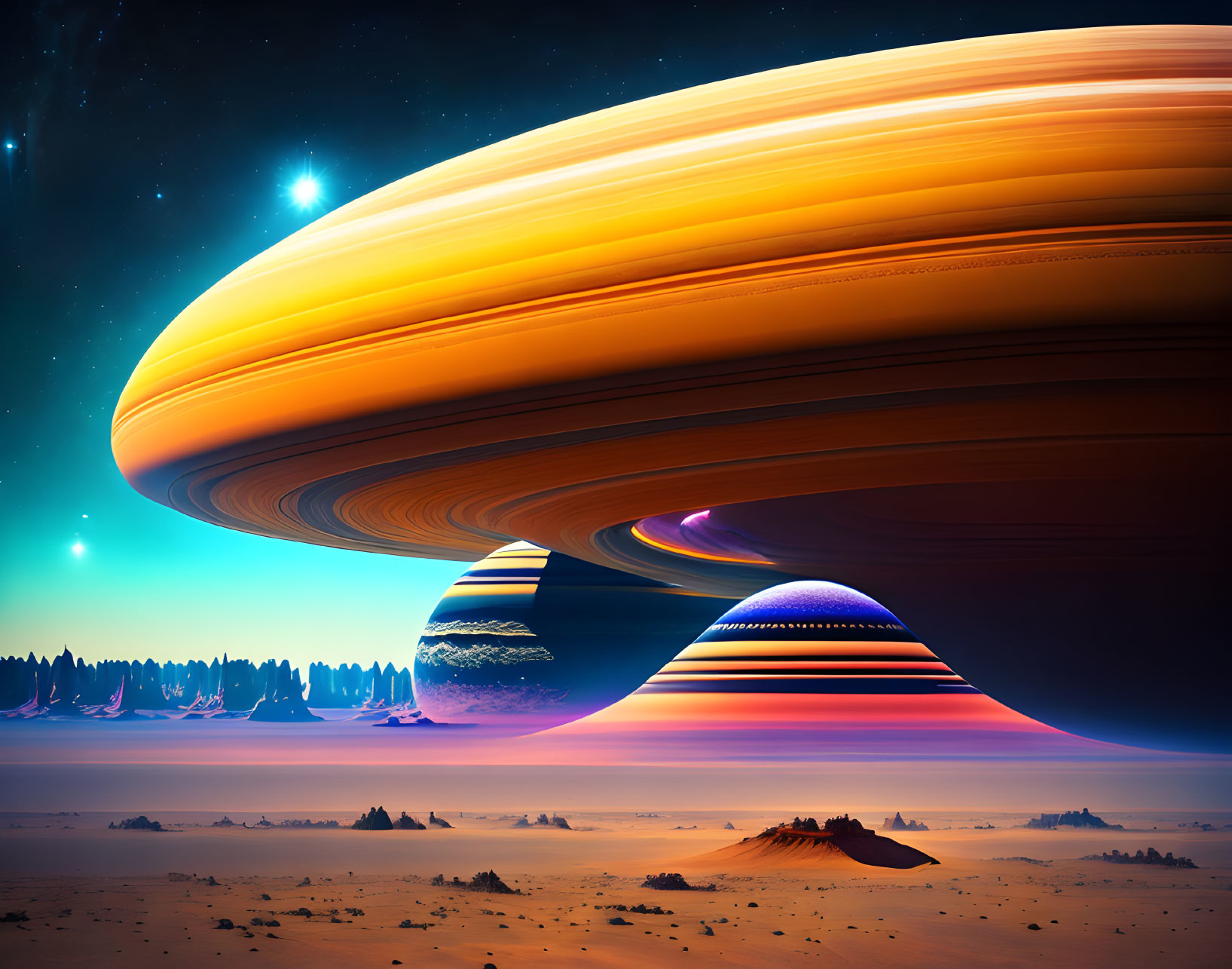 Vibrant sci-fi landscape with giant ringed planet in sky over desert