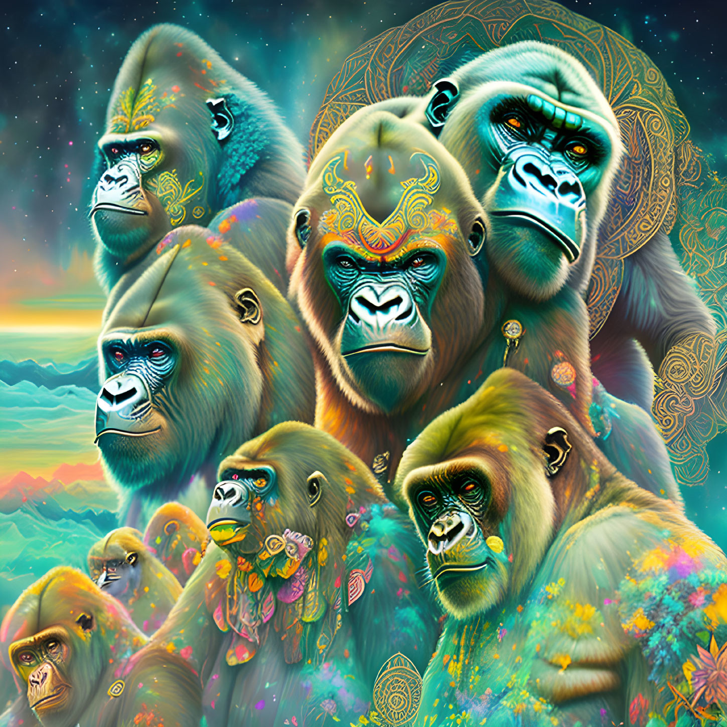 Vibrant gorilla artwork with psychedelic patterns and starry sky backdrop