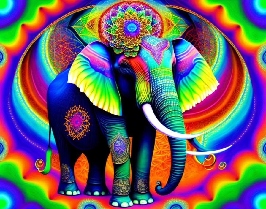 Colorful Psychedelic Elephant Illustration with Swirling Rainbow Background