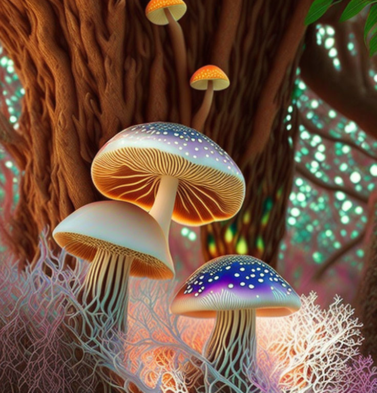 Bioluminescent mushrooms in mystical forest setting