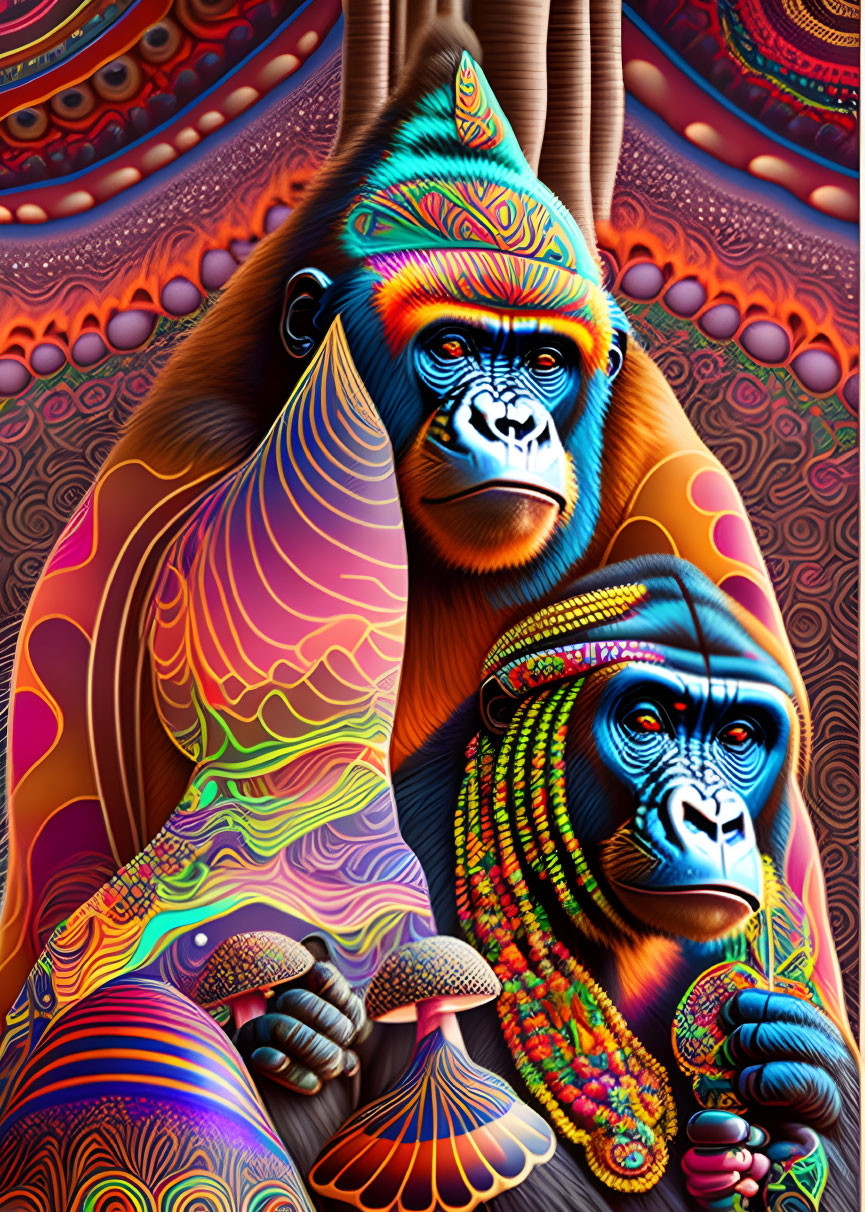 Colorful Psychedelic Gorilla Illustration with Mushrooms on Intricate Background