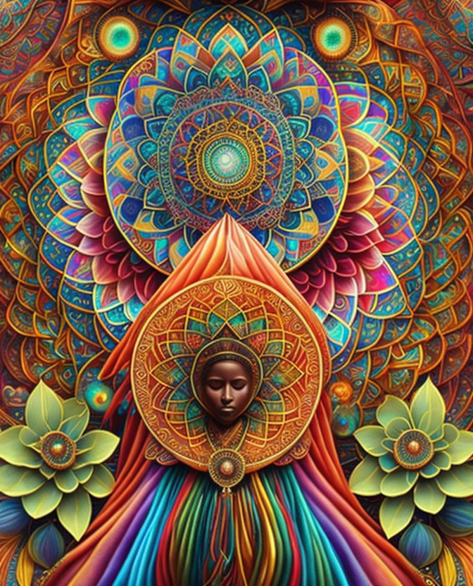 Colorful Psychedelic Artwork with Central Figure and Mandala Headpiece