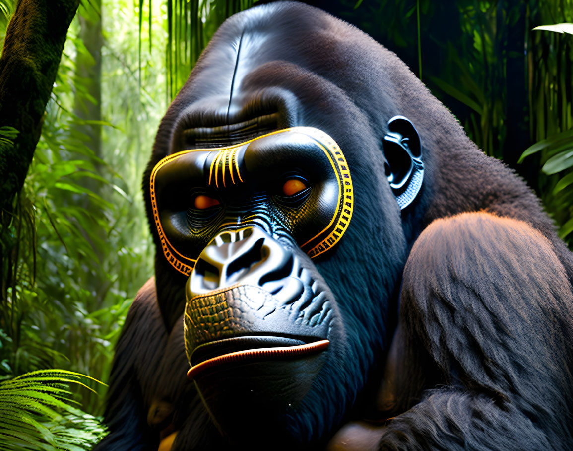 Digital artwork: Close-up of vibrant gorilla with neon outlines in jungle