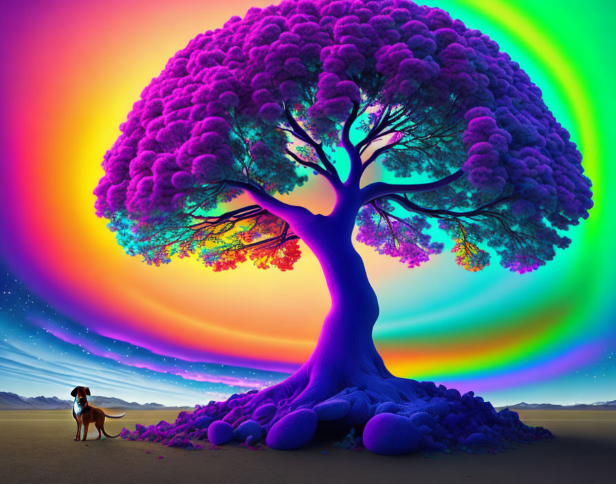 Child under vibrant purple tree with circular rainbow on starry sky.