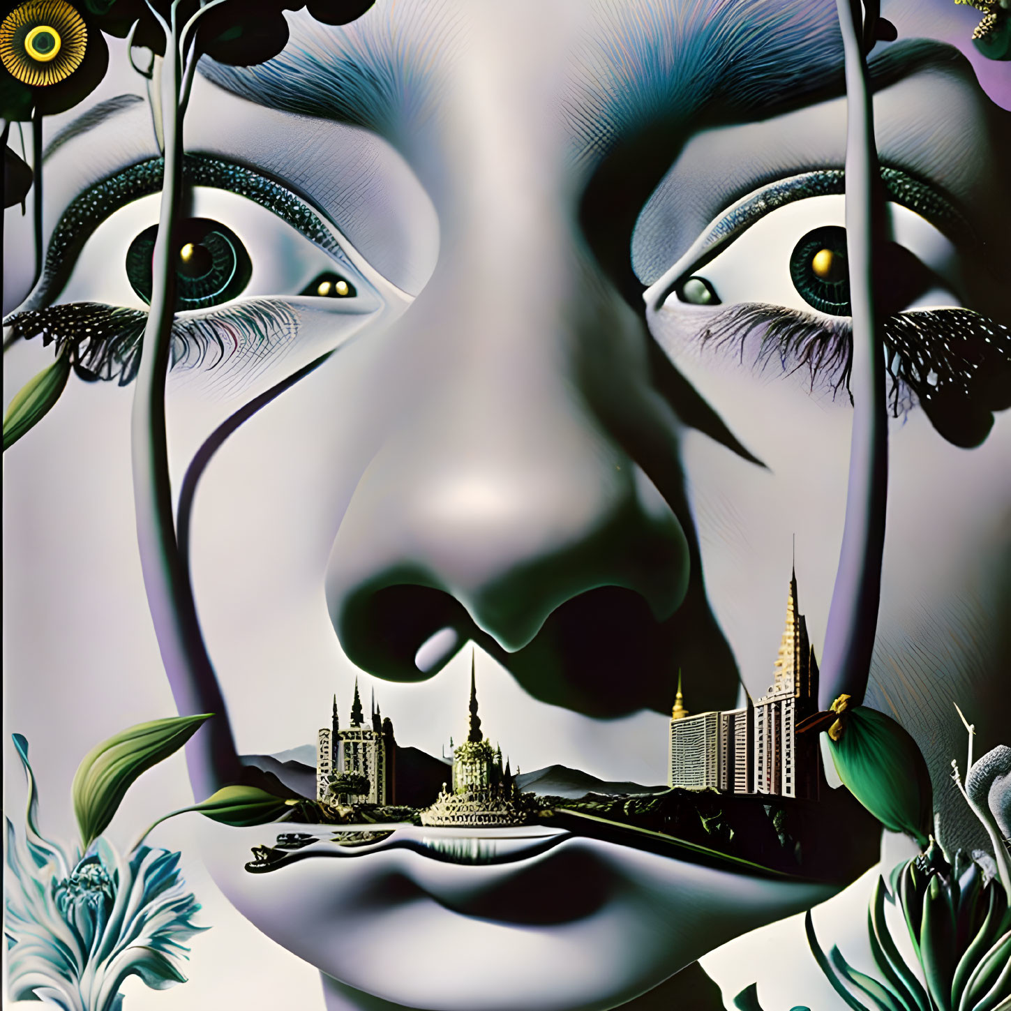 Surrealistic painting of face merging with landscape and flora