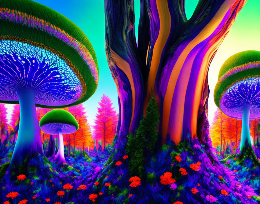 Colorful Psychedelic Forest with Glowing Mushrooms and Multicolored Trees