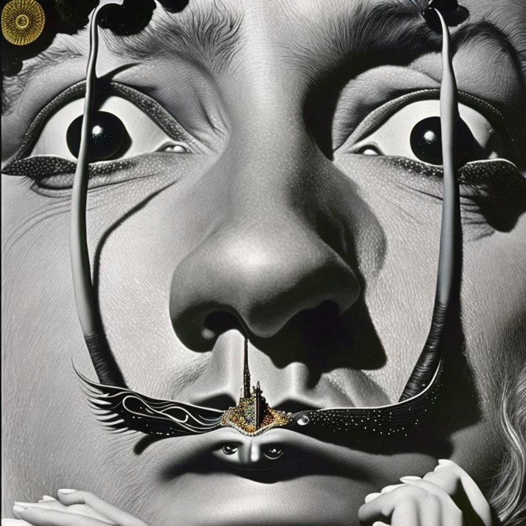 Surreal black and white image: face with cityscape lips, eye nose, branch eyebrows