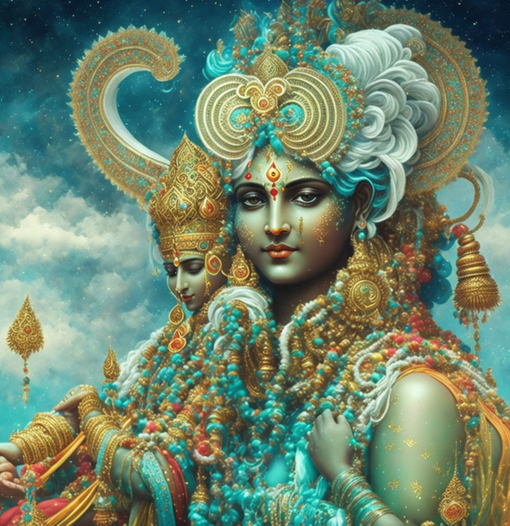 Blue-skinned deity with golden ornaments and peacock crown in serene pose.