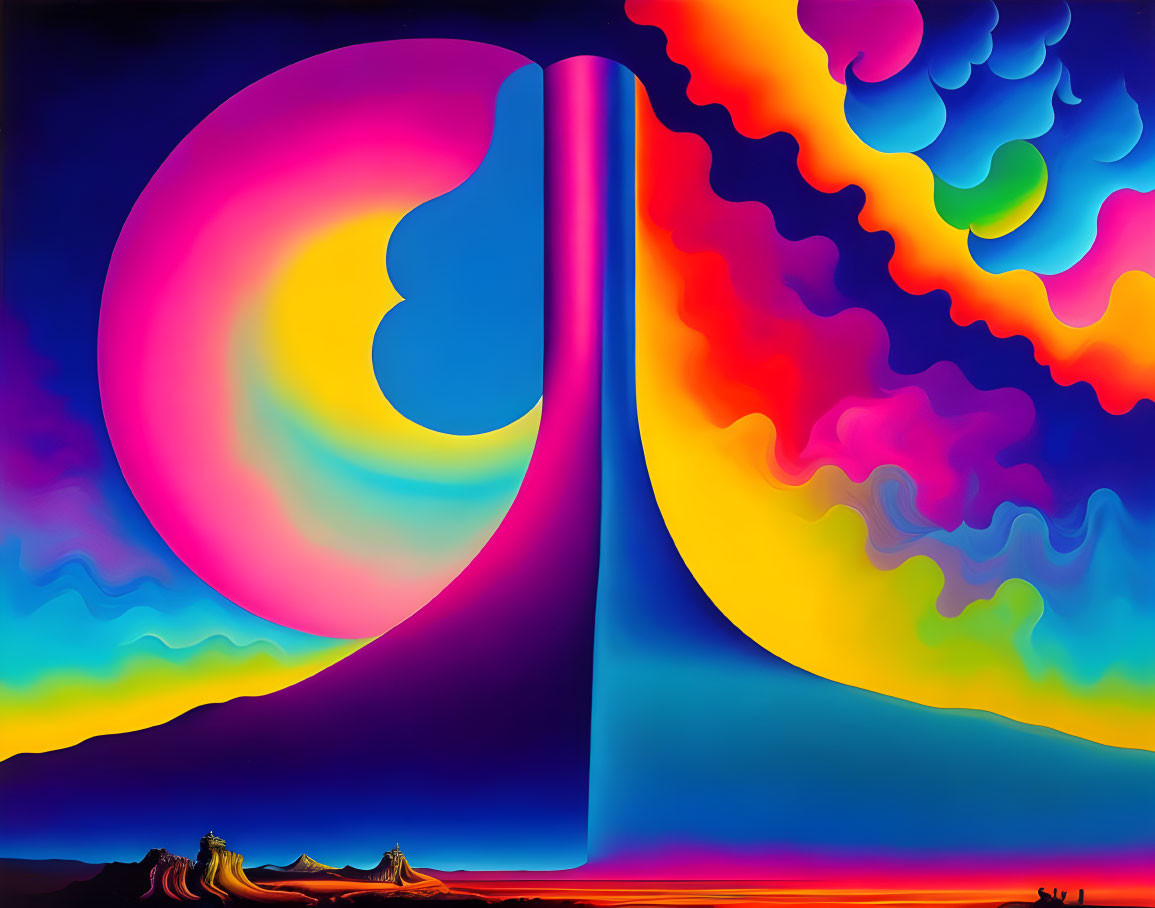 Colorful surreal landscape with abstract structure under vibrant sky