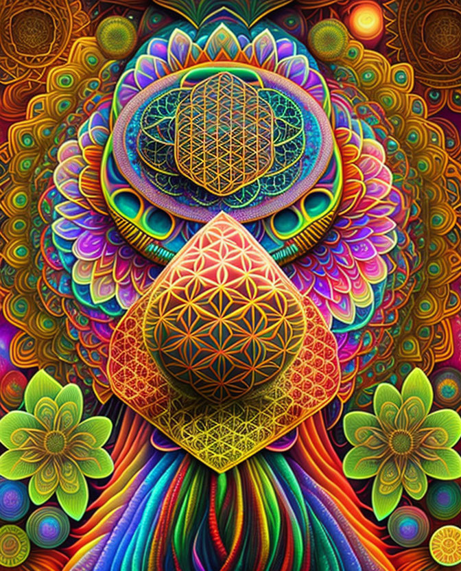 Colorful Psychedelic Artwork with Geometric Patterns & Mandalas