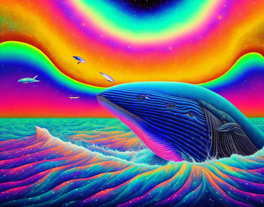 Colorful digital artwork: Stylized whale breaching neon sea, psychedelic sky, rainbow hues.