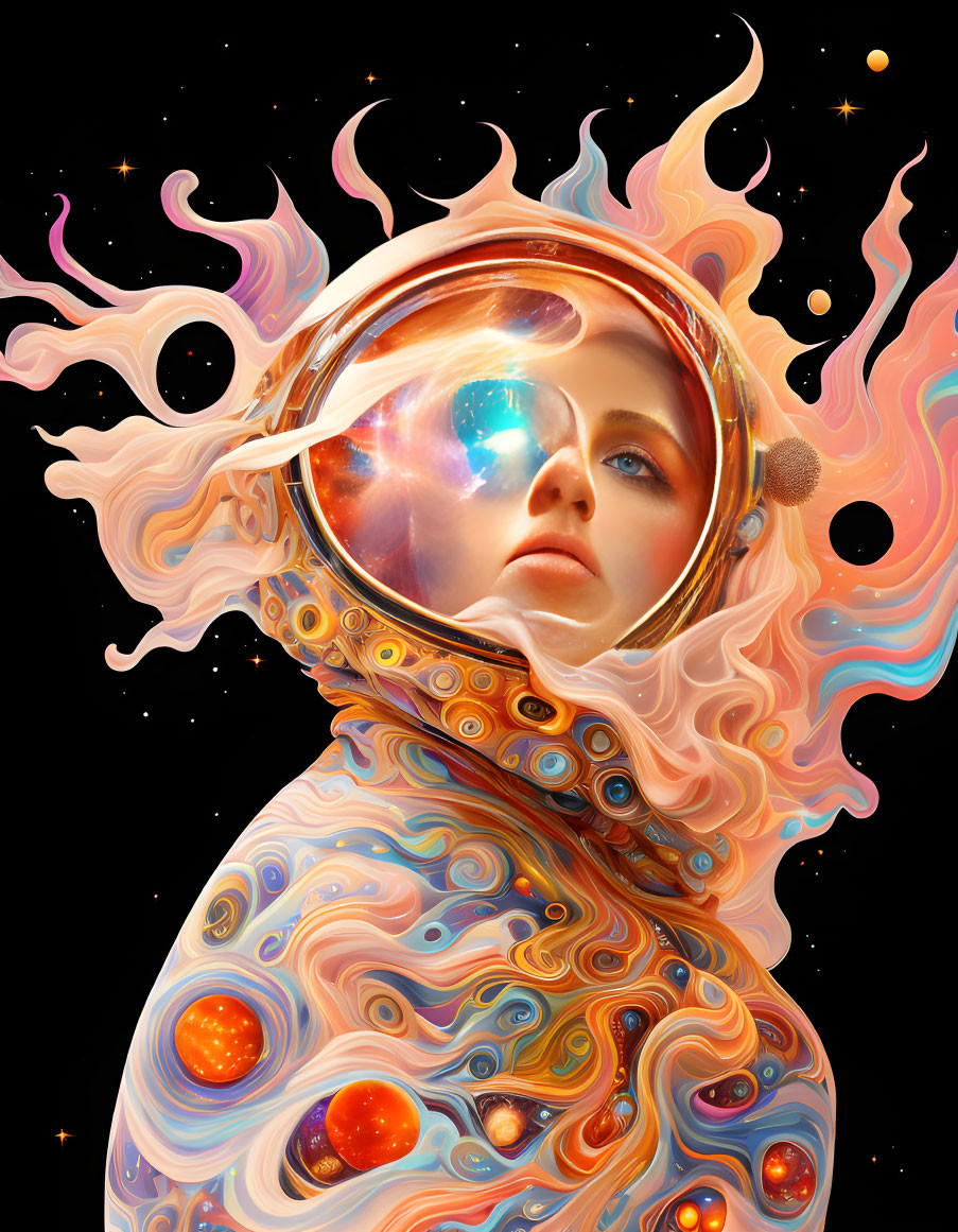 Colorful Illustration of Woman in Spacesuit Surrounded by Cosmic Elements