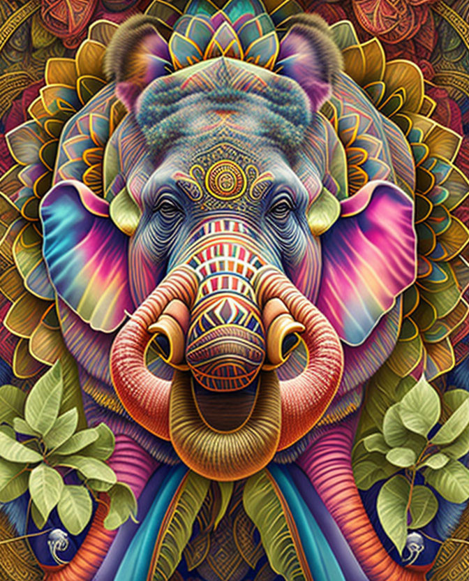 Colorful Elephant Head Illustration with Mandala Designs and Foliage