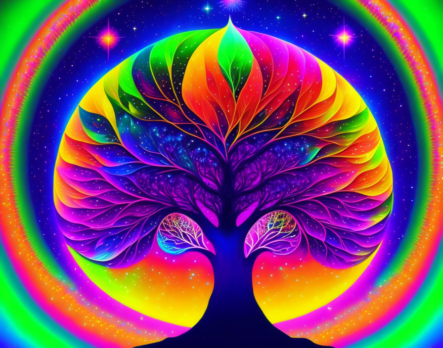 Colorful tree art in psychedelic space background