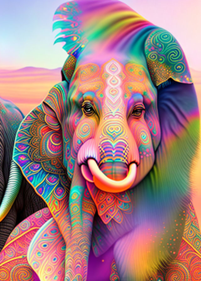 Colorful Psychedelic Elephant Artwork with Patterns and Textures