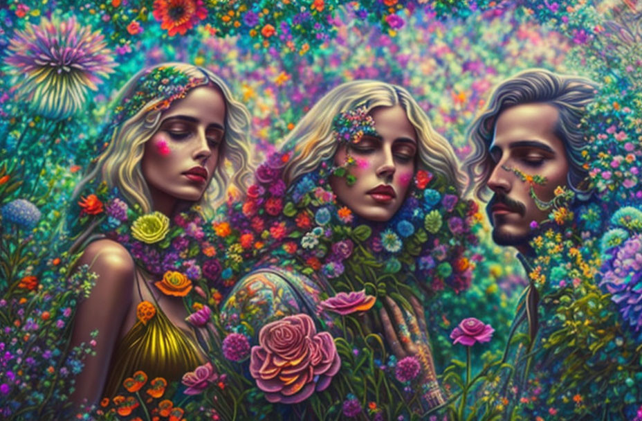 Colorful Artwork Featuring Two Women and a Man Surrounded by Flowers