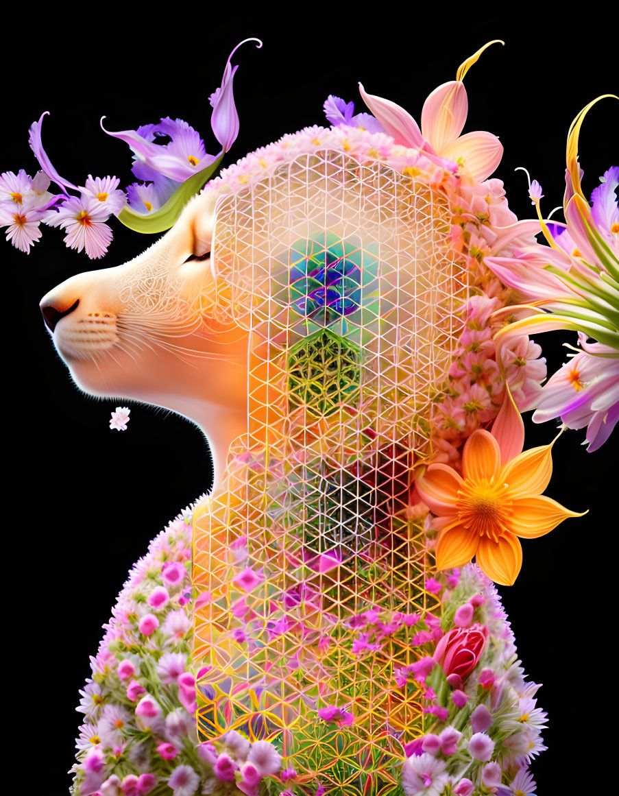 Digital artwork: Lion head merges with geometric pattern amid vibrant flowers on black background