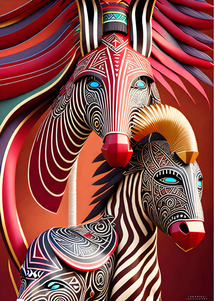 Vividly colored digital artwork of two stylized zebras