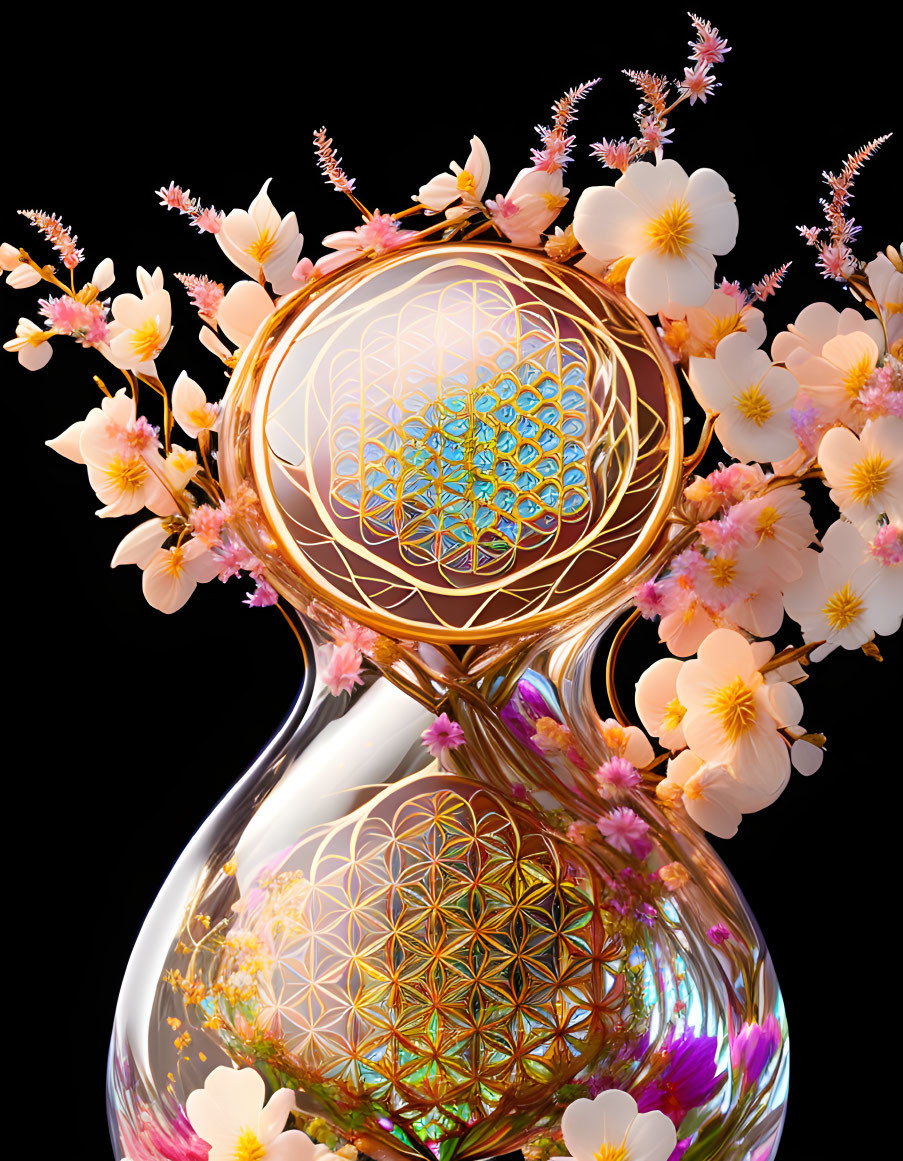 Glass hourglass with golden geometric pattern & pink cherry blossoms on black background